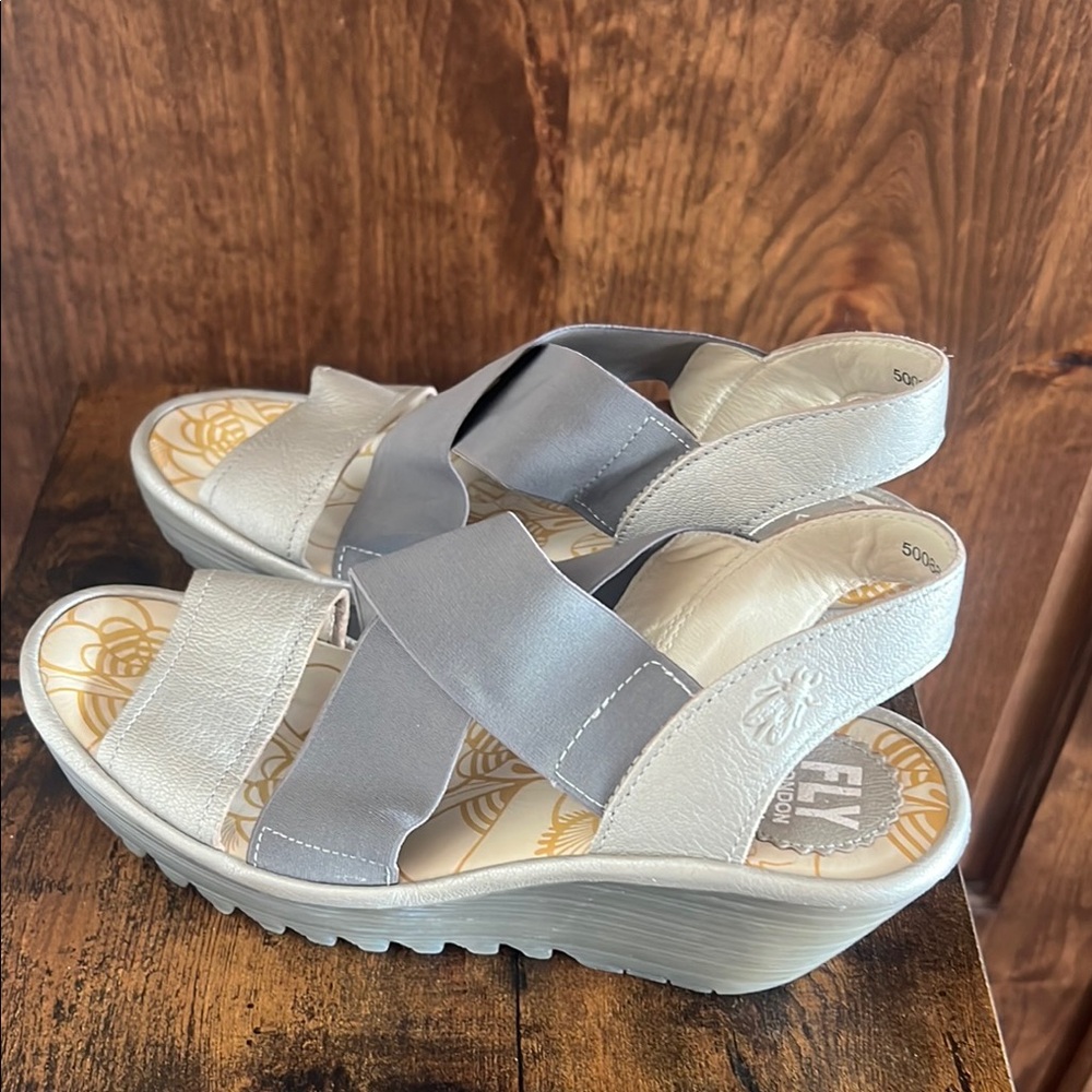 Fly London Silver & Gray Platform Sandals with Elastic Straps. Size 39
